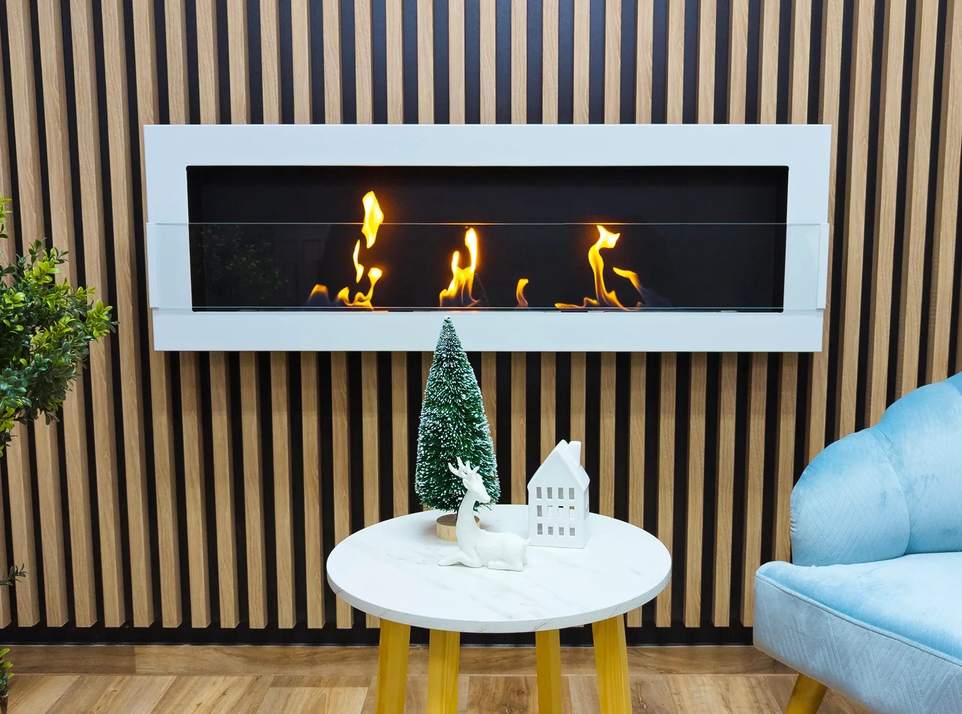 Biokominek wiszący z szybą 120 × 40 cm biały połysk - obrazek 3